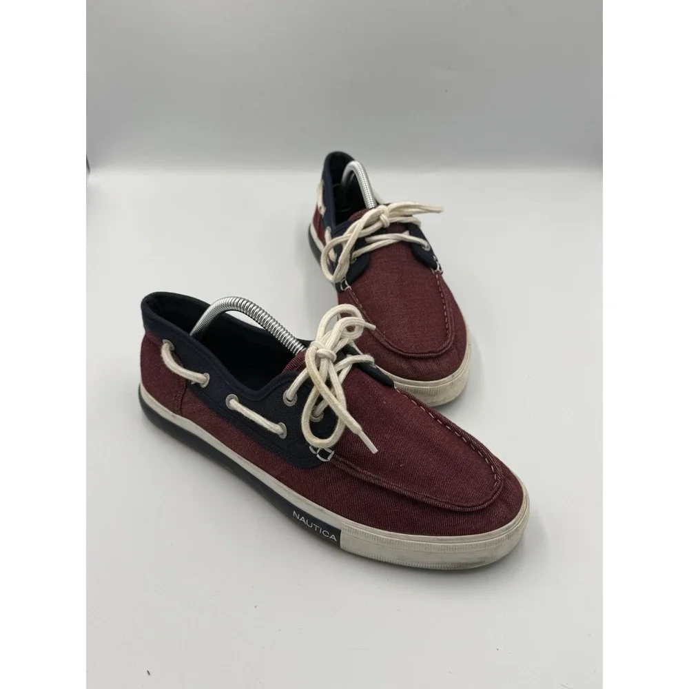 Nautica Spinnaker Casual 2-Eye Boat Sneakers Shoes Mens 9.5 Maroon Blue Lace Up